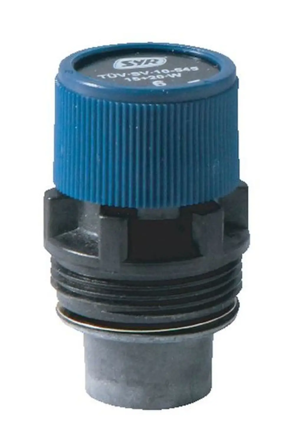Dunkle Austauschpatrone mit blauer Kappe von SyR, mit Gewindeunterteil und Dichtungsring. Geeignet für Sicherheitsgeräte.